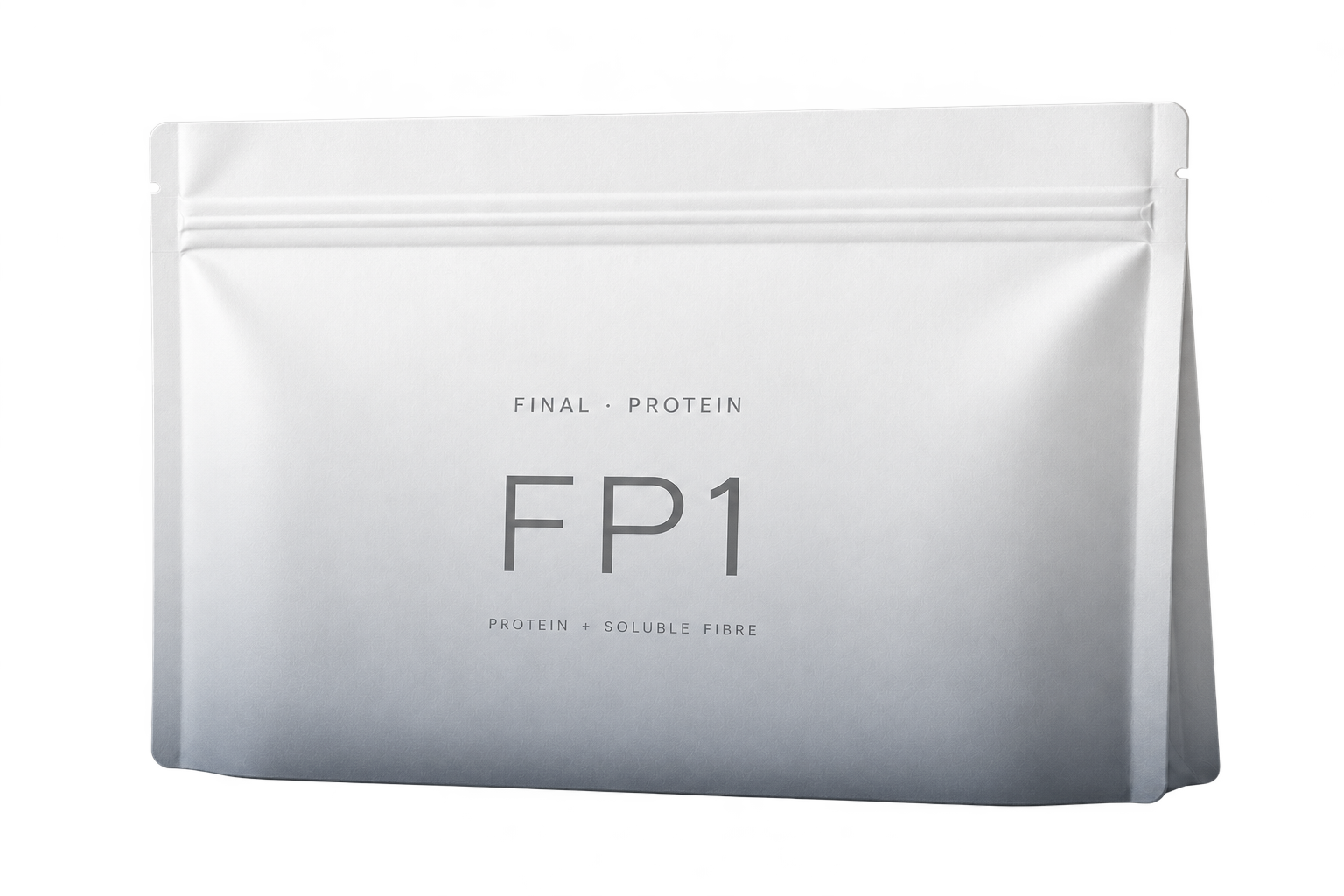 Wide pearl-white FP1 paper pouch viewed from a slight right angle